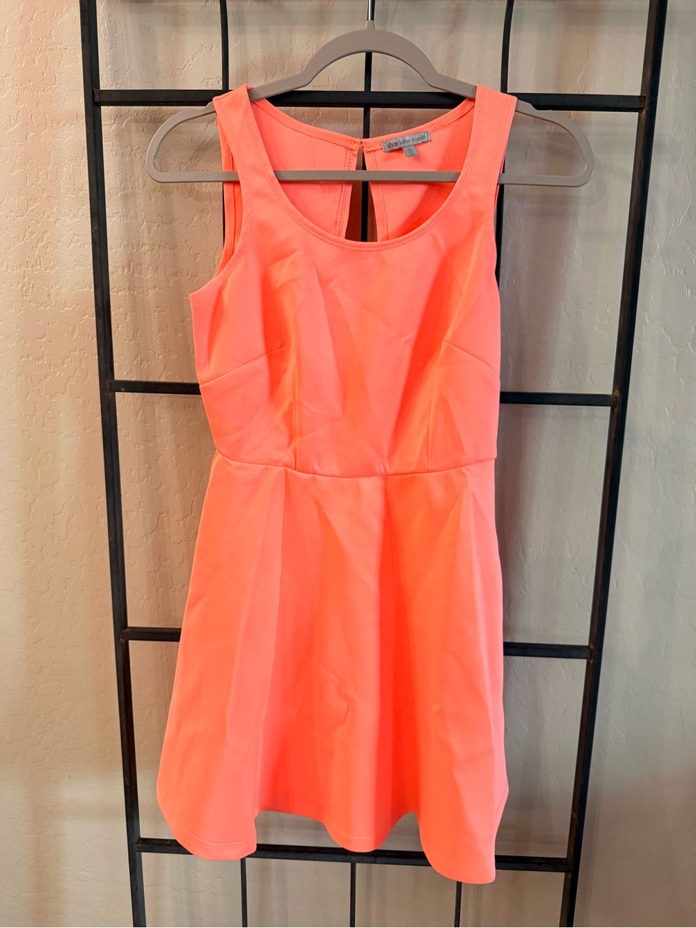 Charlotte Russe Women’s Small Neon Coral Pink Fit & Flare Mini Dress Open Back